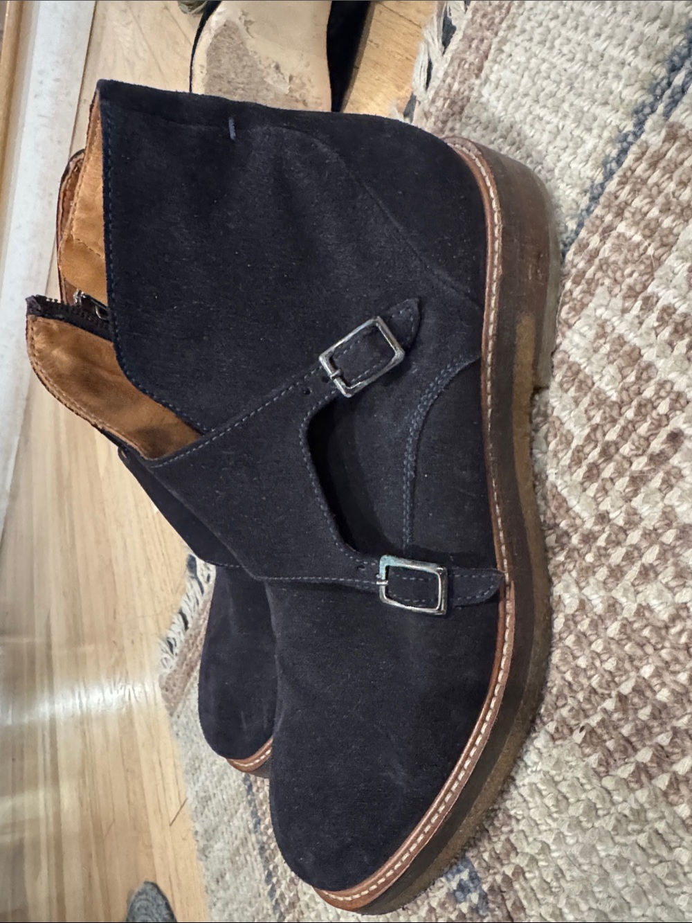 WoMen's Double Monk Strap Suede Boots - Black made in Italy